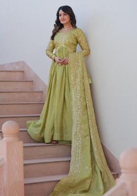 Green Embroidered Silk Anarkali With Dupatta
