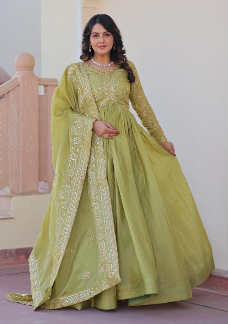 Green Embroidered Silk Anarkali With Dupatta - Indya