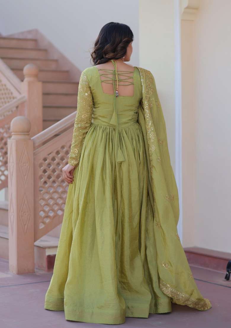 Green Embroidered Silk Anarkali With Dupatta - Indya