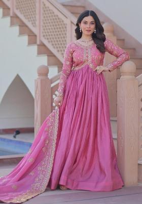Pink Embroidered Silk Anarkali With Dupatta