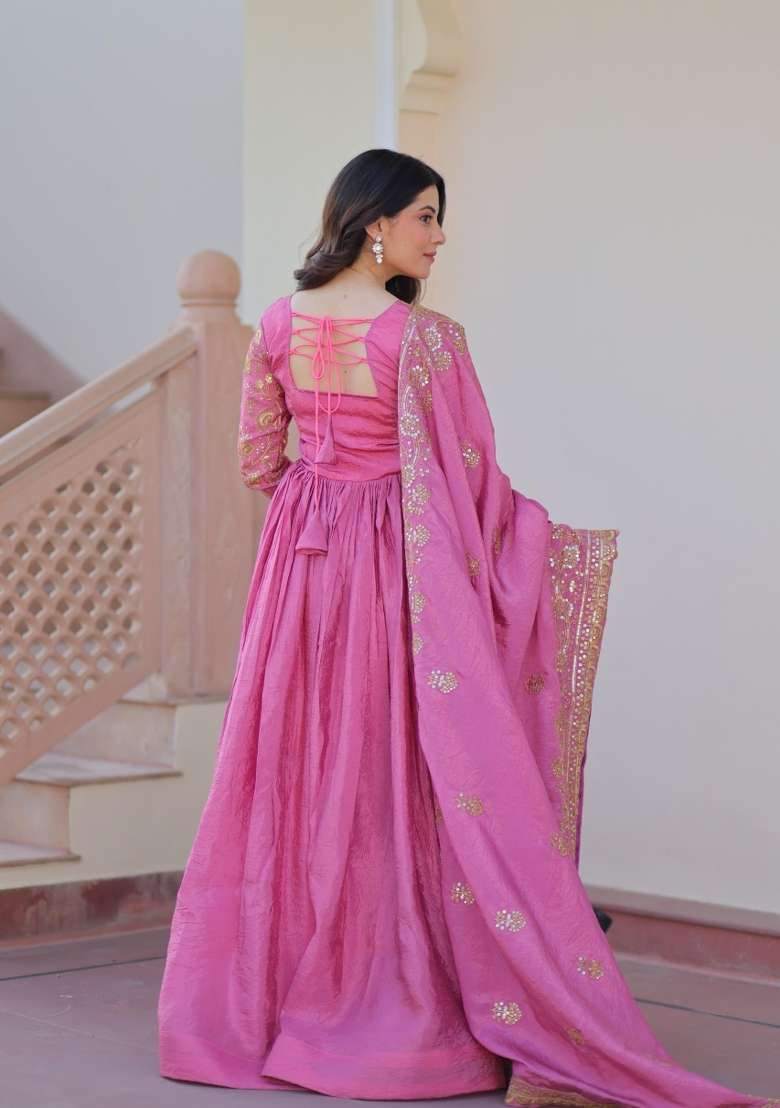 Pink Embroidered Silk Anarkali With Dupatta - Indya
