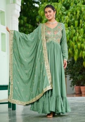 Sea Green Embroidered Silk Anarkali With Dupatta