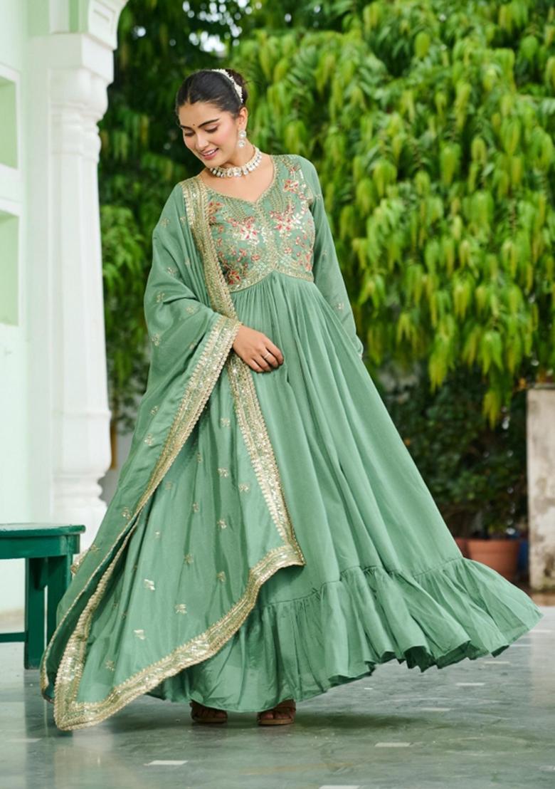 Sea Green Embroidered Silk Anarkali With Dupatta - Indya