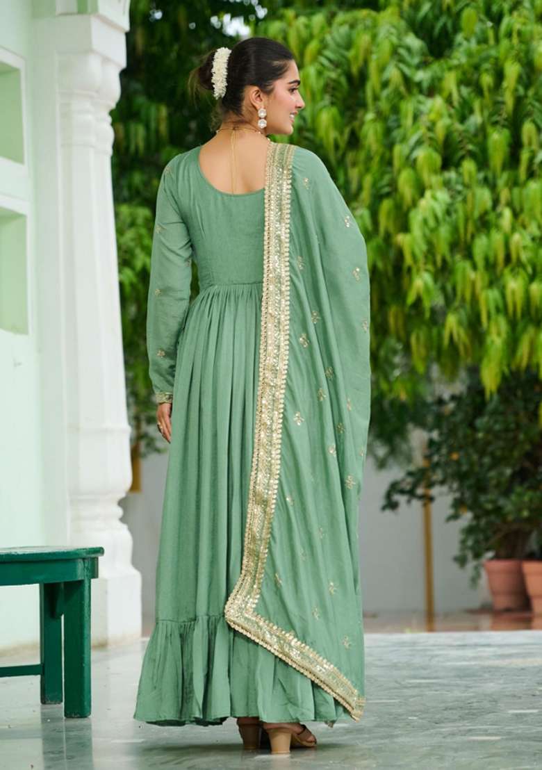 Sea Green Embroidered Silk Anarkali With Dupatta - Indya