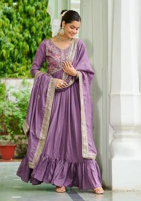 Lavender Embroidered Silk Anarkali With Dupatta
