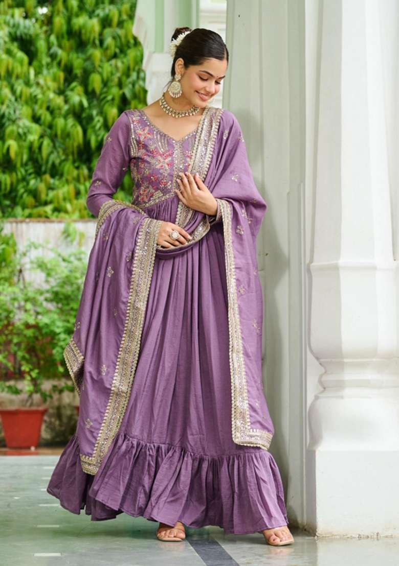Lavender Embroidered Silk Anarkali With Dupatta - Indya
