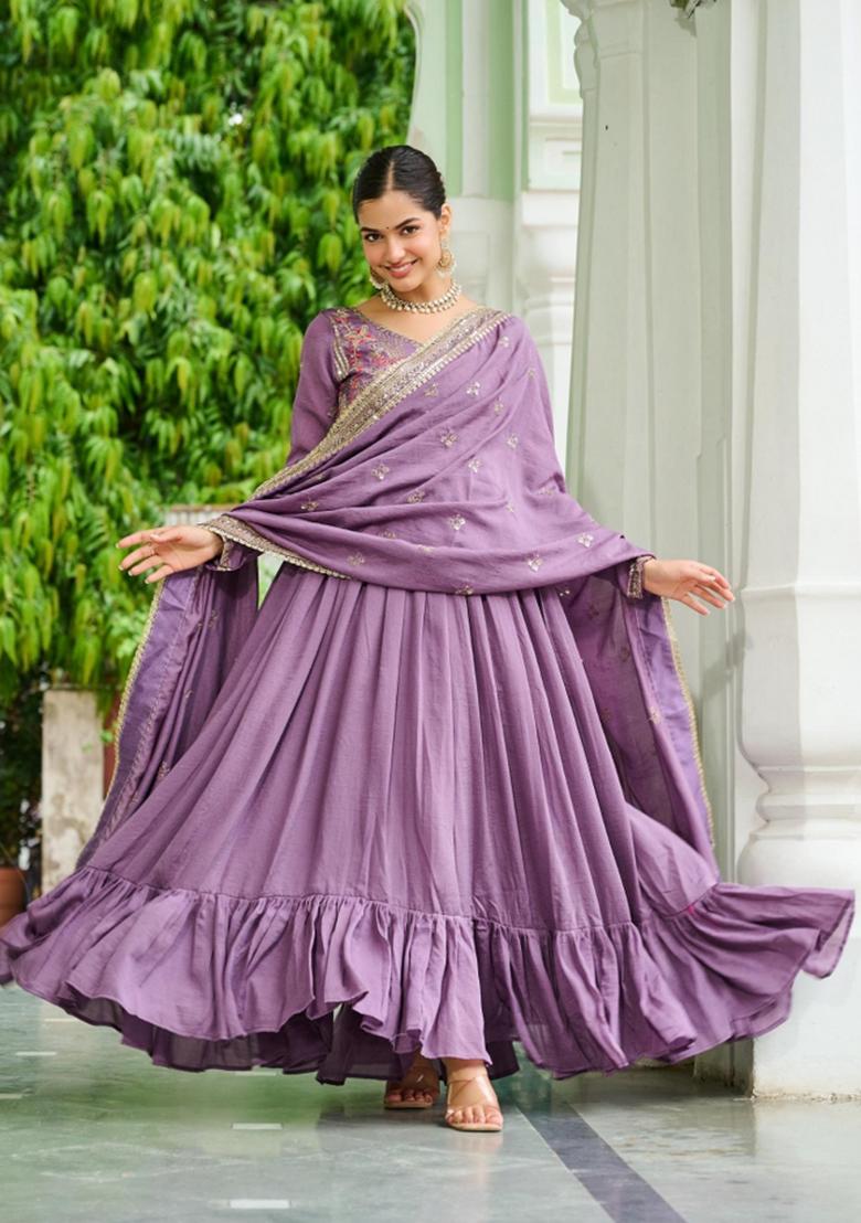 Lavender Embroidered Silk Anarkali With Dupatta - Indya
