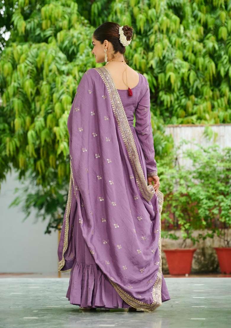 Lavender Embroidered Silk Anarkali With Dupatta - Indya