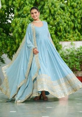 Blue Embroidered Silk Anarkali With Dupatta
