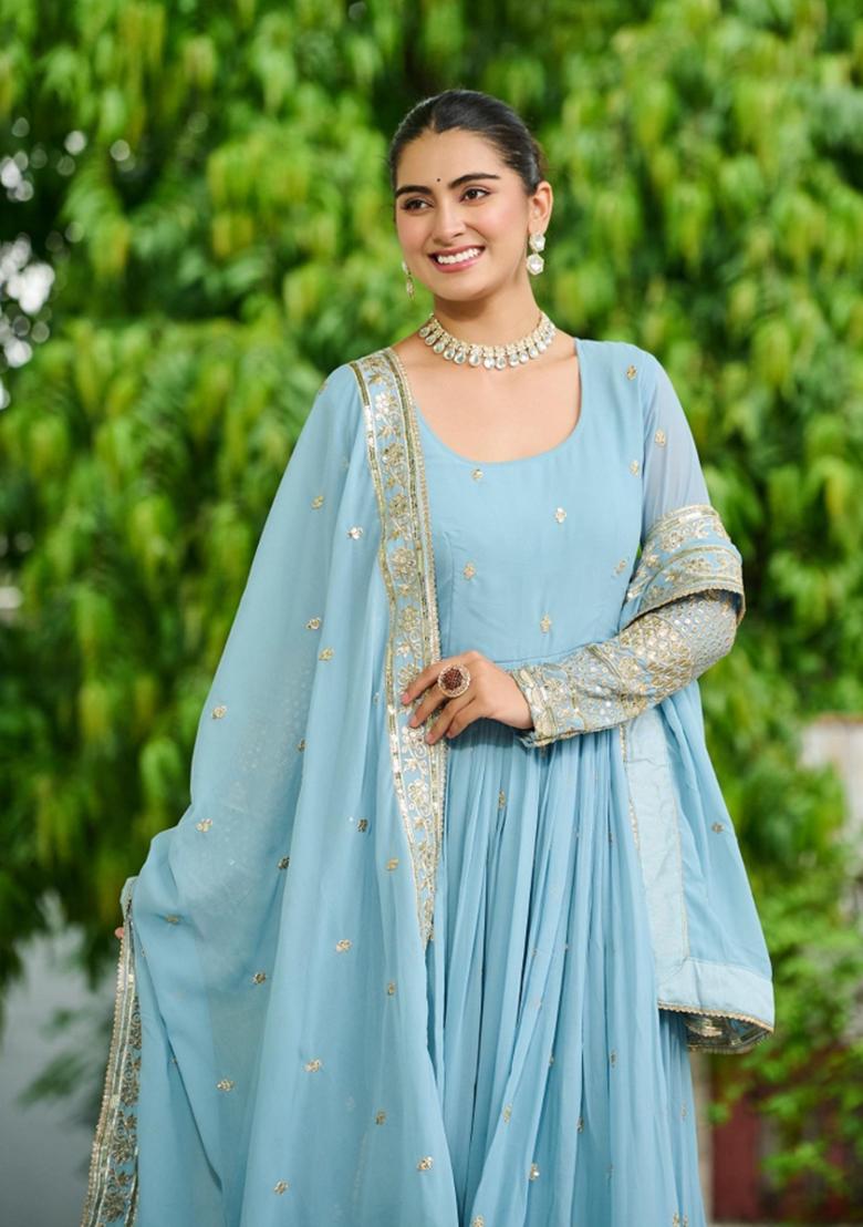 Blue Embroidered Silk Anarkali With Dupatta - Indya