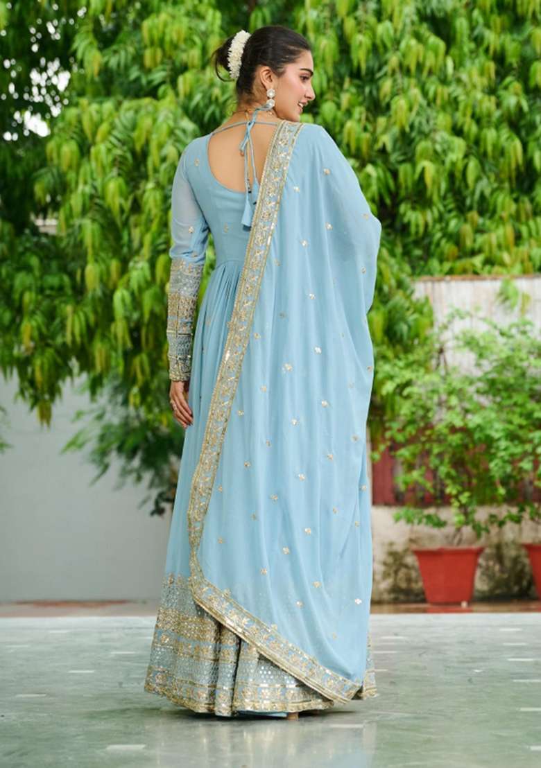 Blue Embroidered Silk Anarkali With Dupatta - Indya