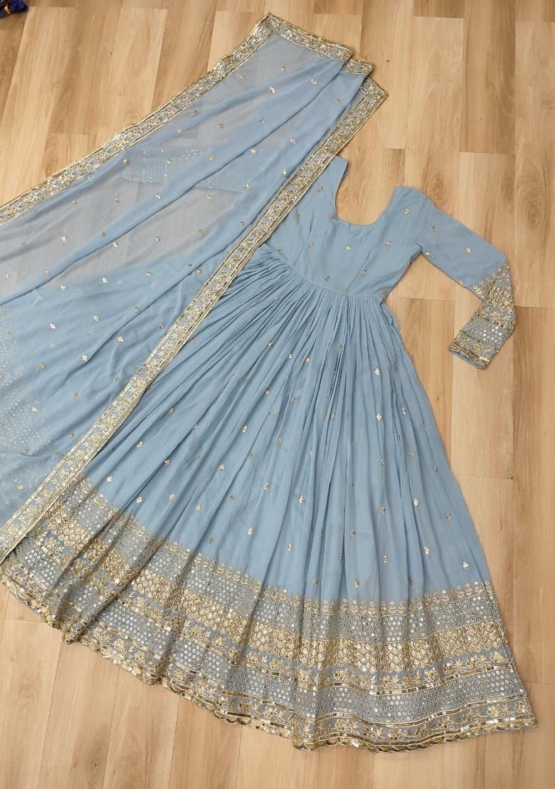Blue Embroidered Silk Anarkali With Dupatta - Indya