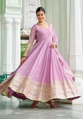 Lavender Embroidered Silk Anarkali With Dupatta