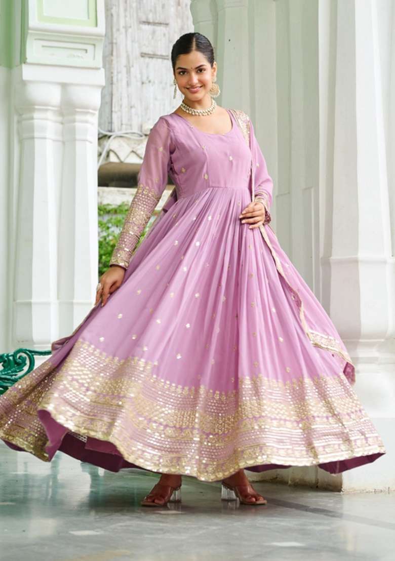 Lavender Embroidered Silk Anarkali With Dupatta - Indya
