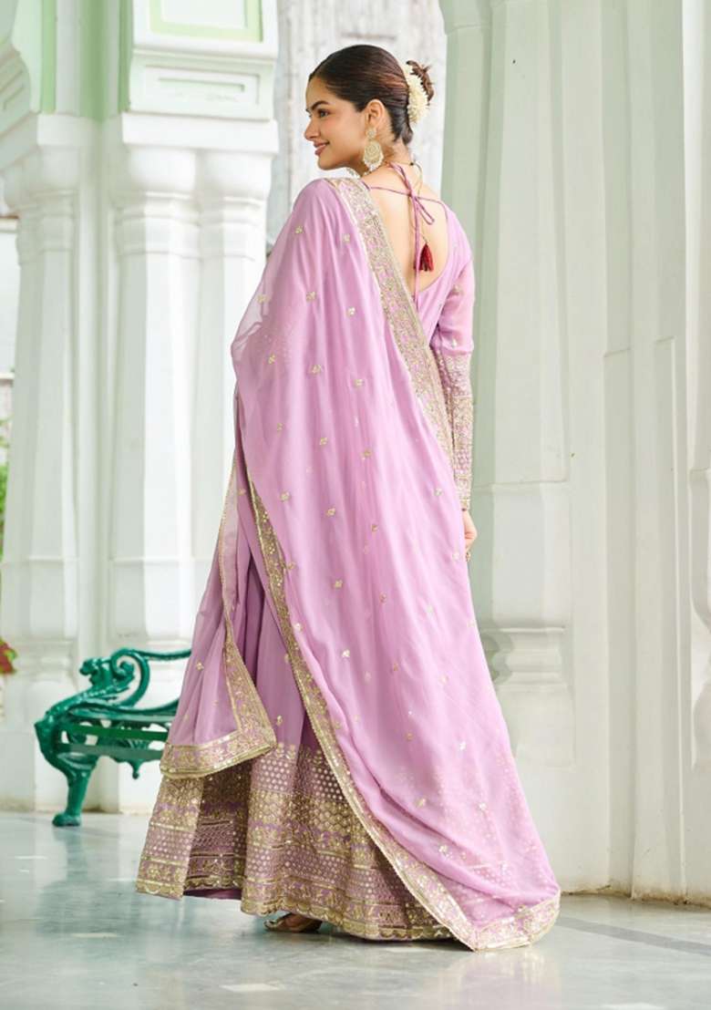 Lavender Embroidered Silk Anarkali With Dupatta - Indya