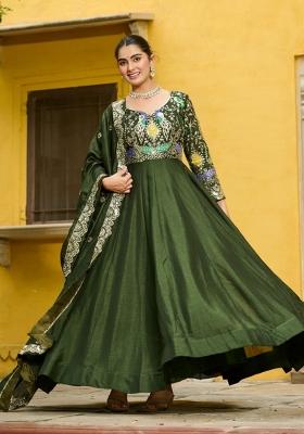 Mehendi Embroidered Silk Anarkali With Dupatta