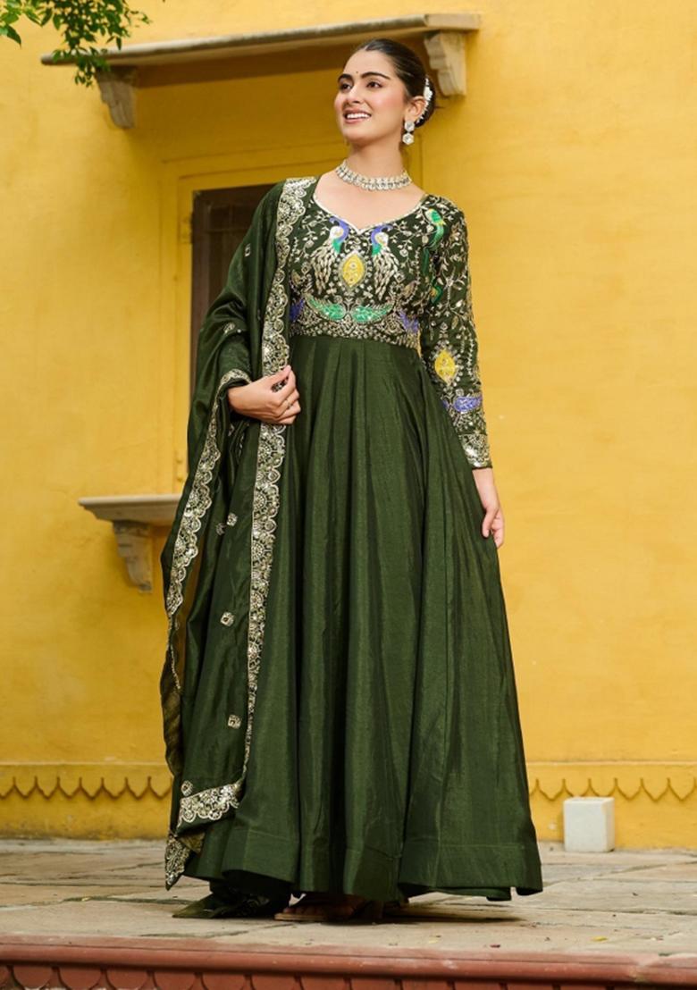 Mehendi Embroidered Silk Anarkali With Dupatta - Indya