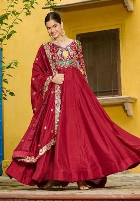 Maroon Embroidered Silk Anarkali With Dupatta