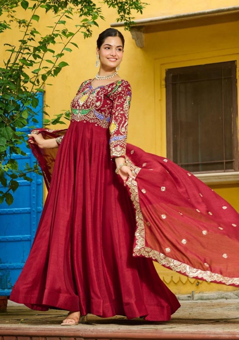 Maroon Embroidered Silk Anarkali With Dupatta - Indya