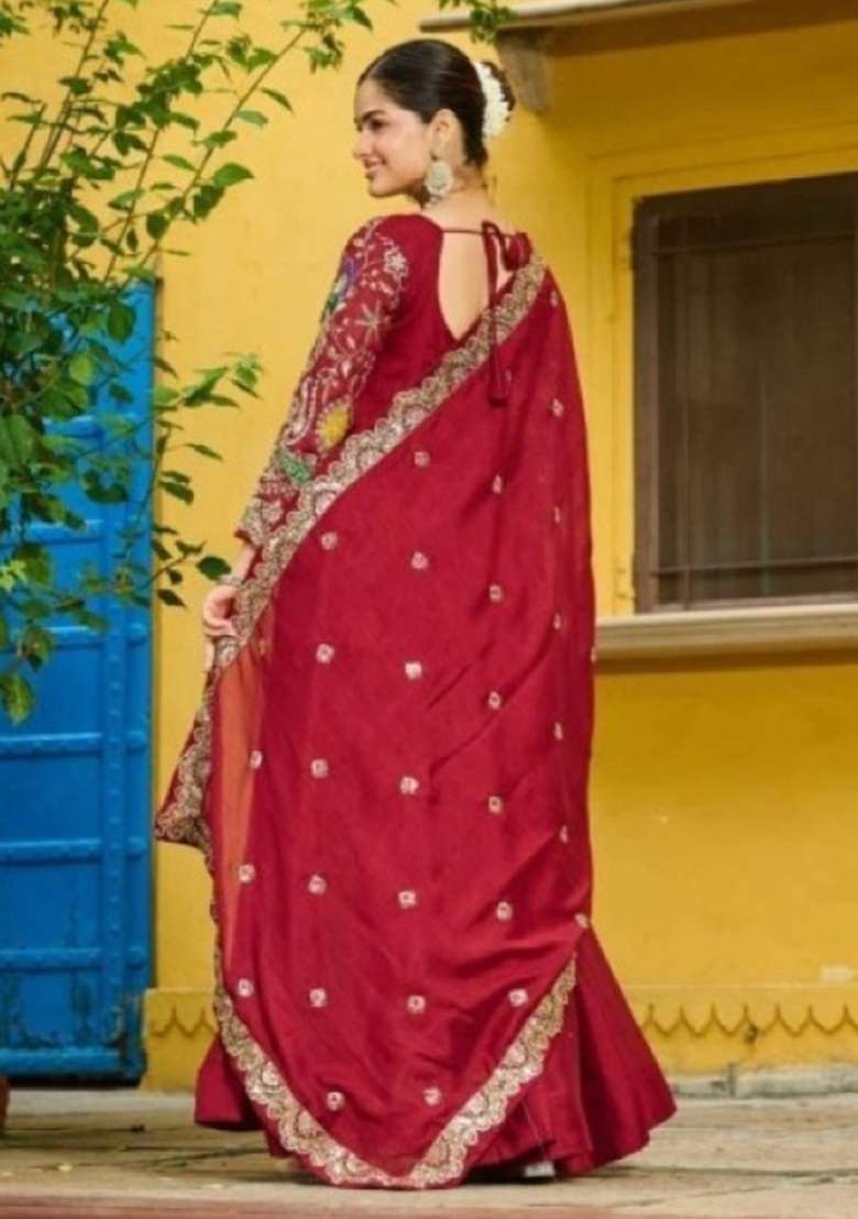 Maroon Embroidered Silk Anarkali With Dupatta - Indya