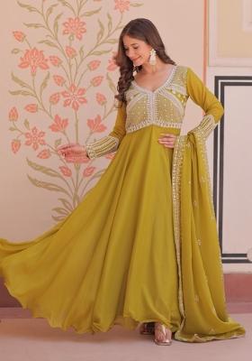 Mustard Sequin Work Georgette Anarkali With Dupatta