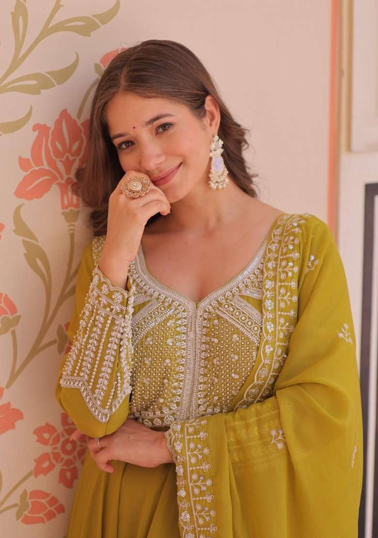Mustard Sequin Work Georgette Anarkali With Dupatta - Indya