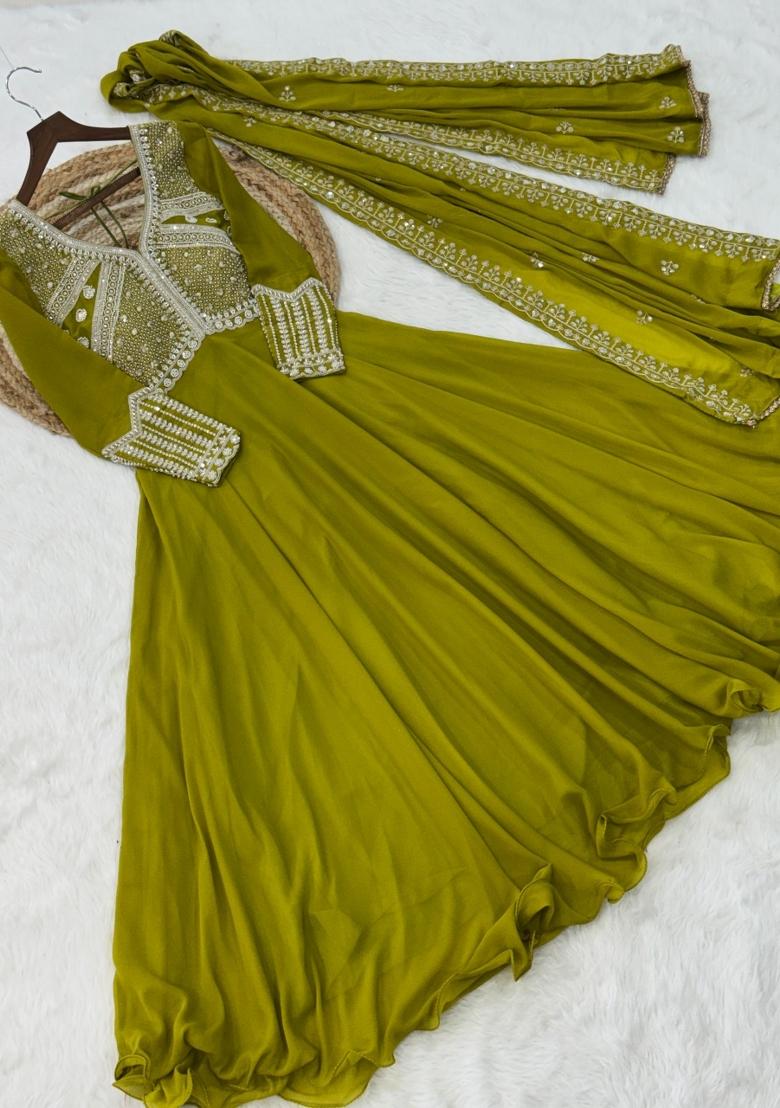 Mustard Sequin Work Georgette Anarkali With Dupatta - Indya