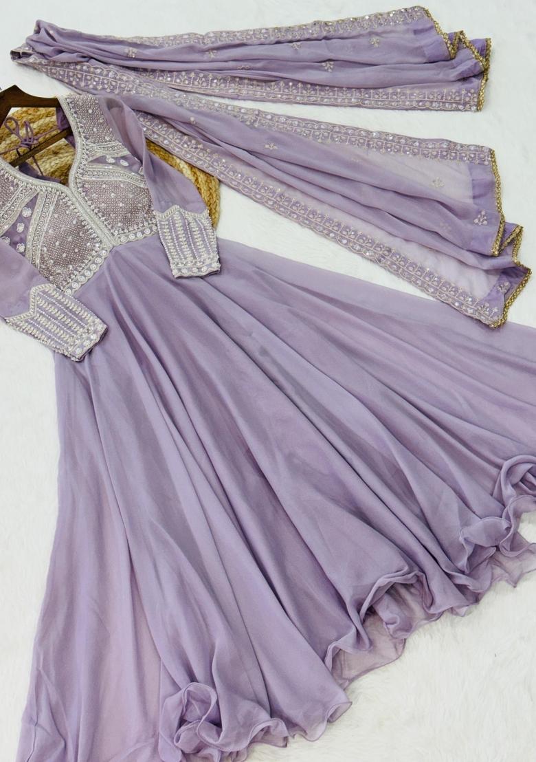 Lavender Sequin Work Georgette Anarkali With Dupatta - Indya