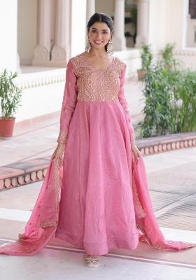 Pink Sequin Work Silk Anarkali With Dupatta