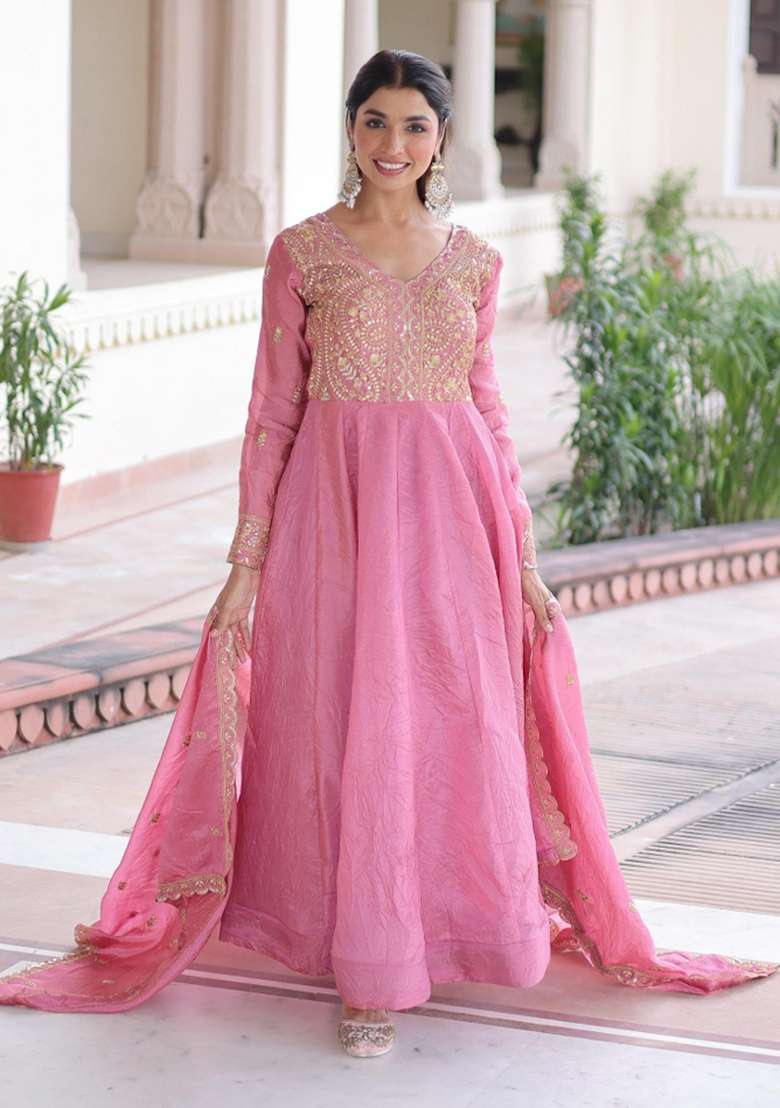 Pink Sequin Work Silk Anarkali With Dupatta - Indya