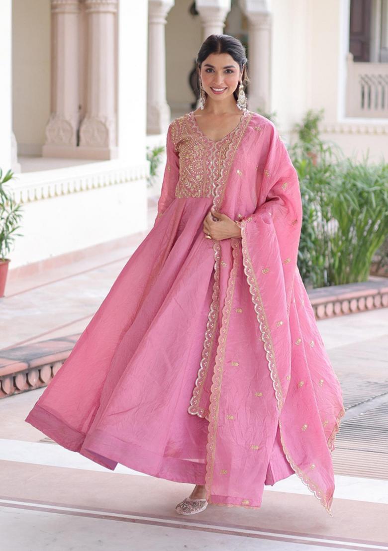 Pink Sequin Work Silk Anarkali With Dupatta - Indya