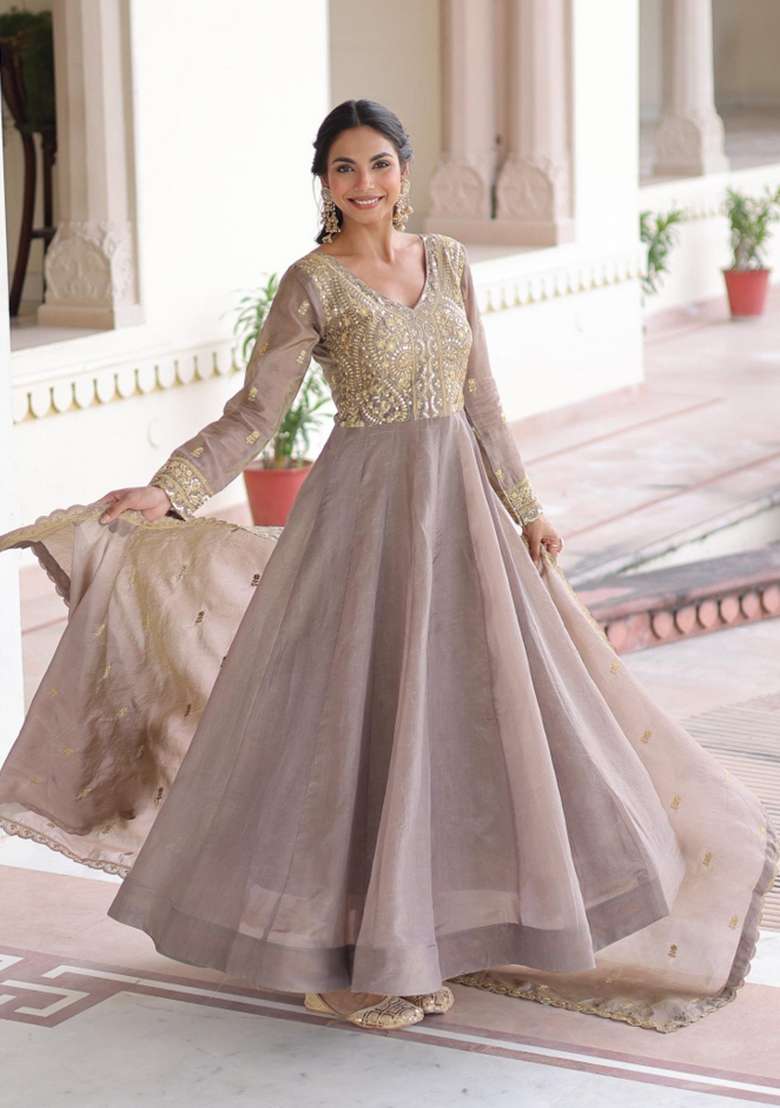 Grey Sequin Work Silk Anarkali With Dupatta - Indya