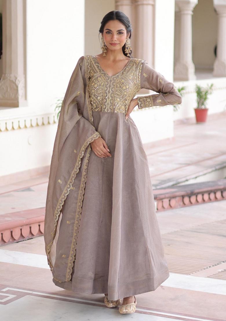 Grey Sequin Work Silk Anarkali With Dupatta - Indya