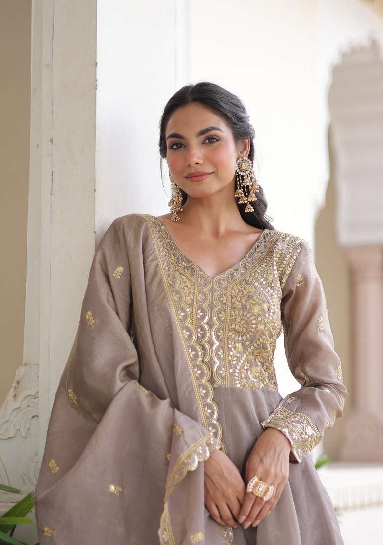 Grey Sequin Work Silk Anarkali With Dupatta - Indya