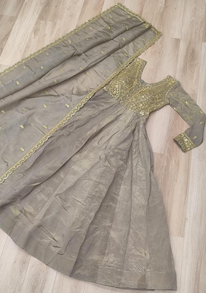 Grey Sequin Work Silk Anarkali With Dupatta - Indya