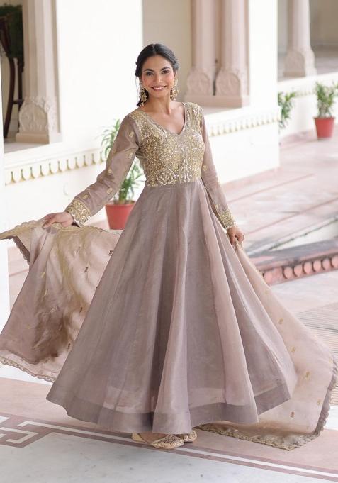 Grey Sequin Work Silk Anarkali With Dupatta