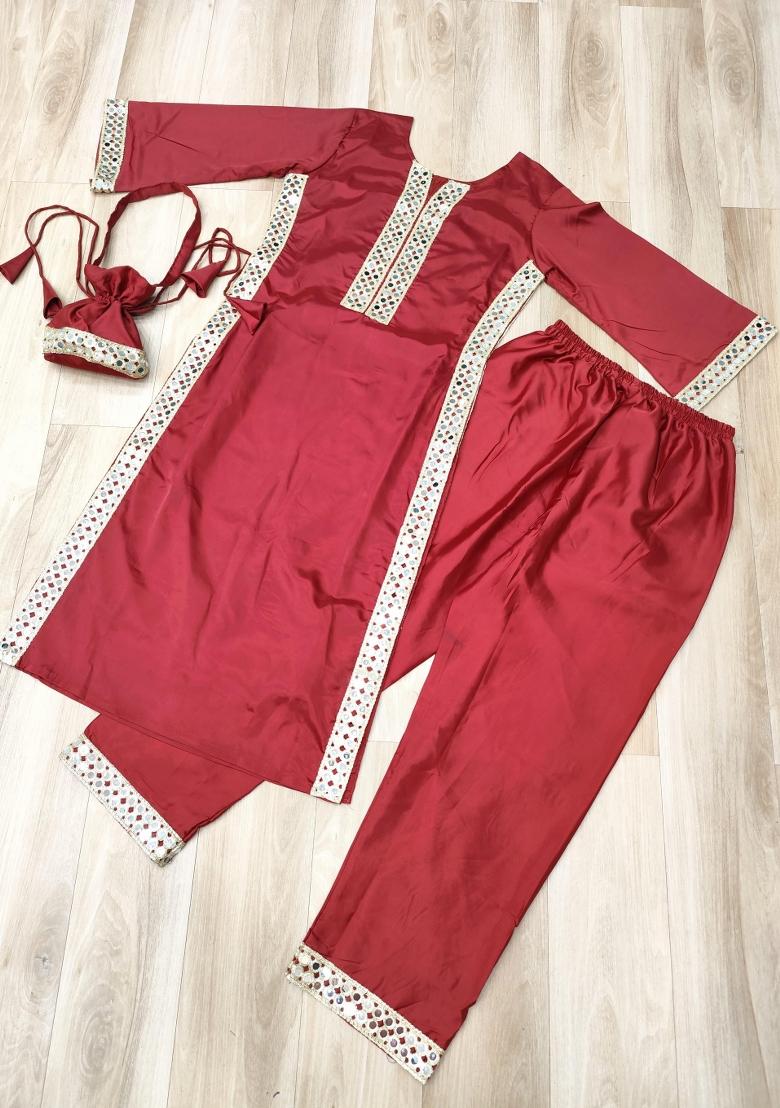 Maroon Mirror Work Crepe Kurta Set - Indya