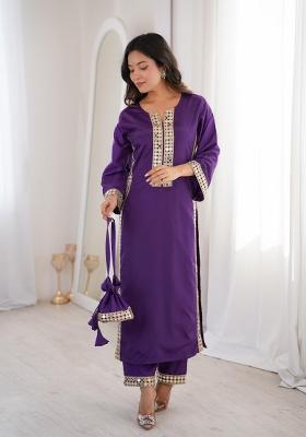 Violet Mirror Work Crepe Kurta Set