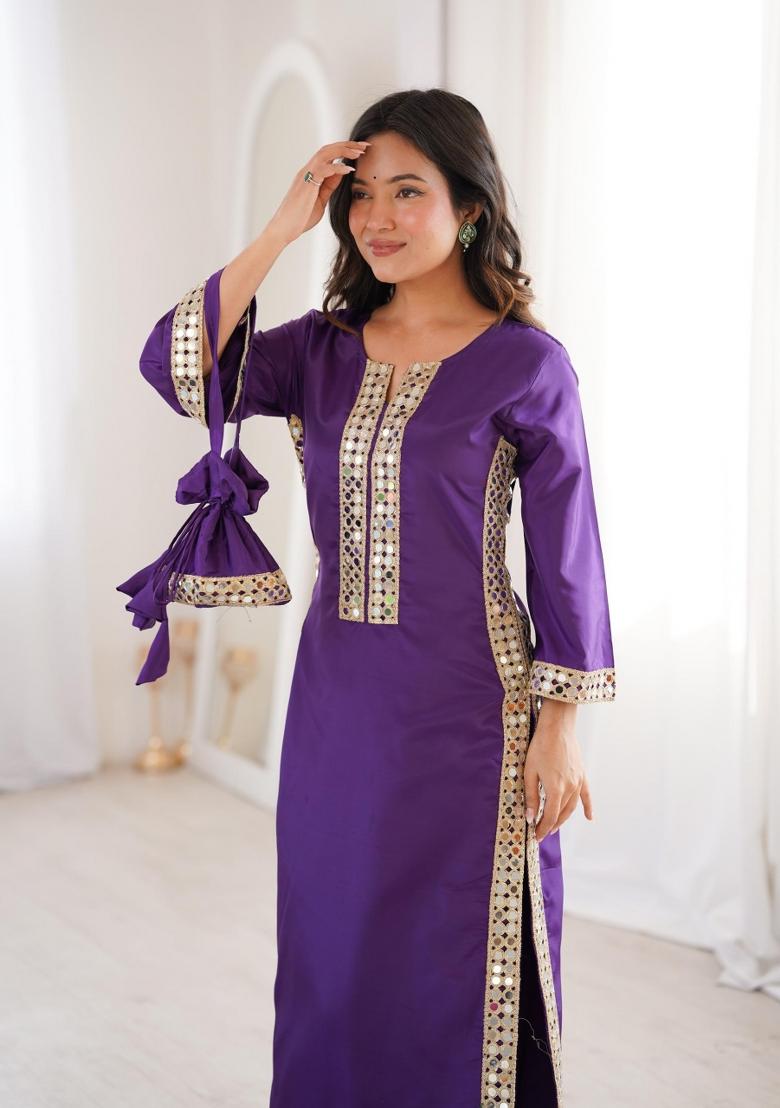 Violet Mirror Work Crepe Kurta Set - Indya