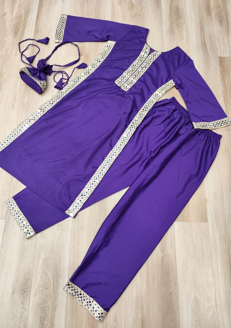Violet Mirror Work Crepe Kurta Set - Indya