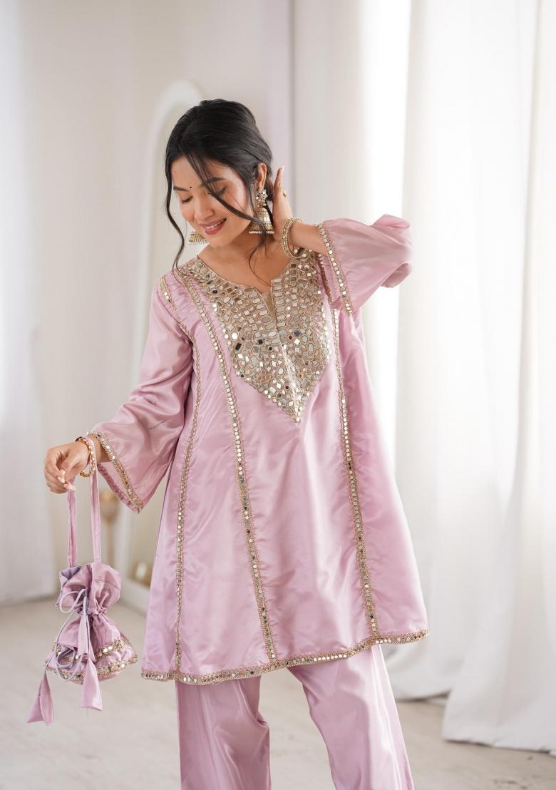 Lavender Embroidered Silk Salwar Kameez - Indya