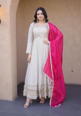 Pink Embroidered Silk Anarkali With Dupatta