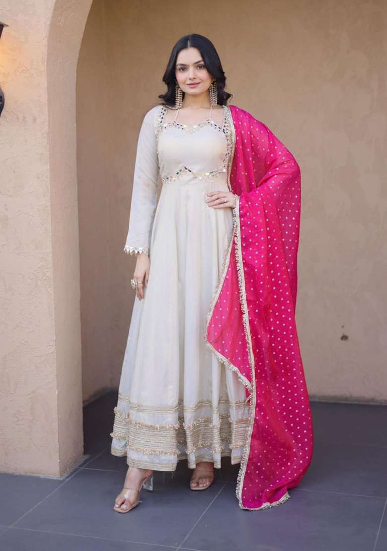Pink Embroidered Silk Anarkali With Dupatta - Indya