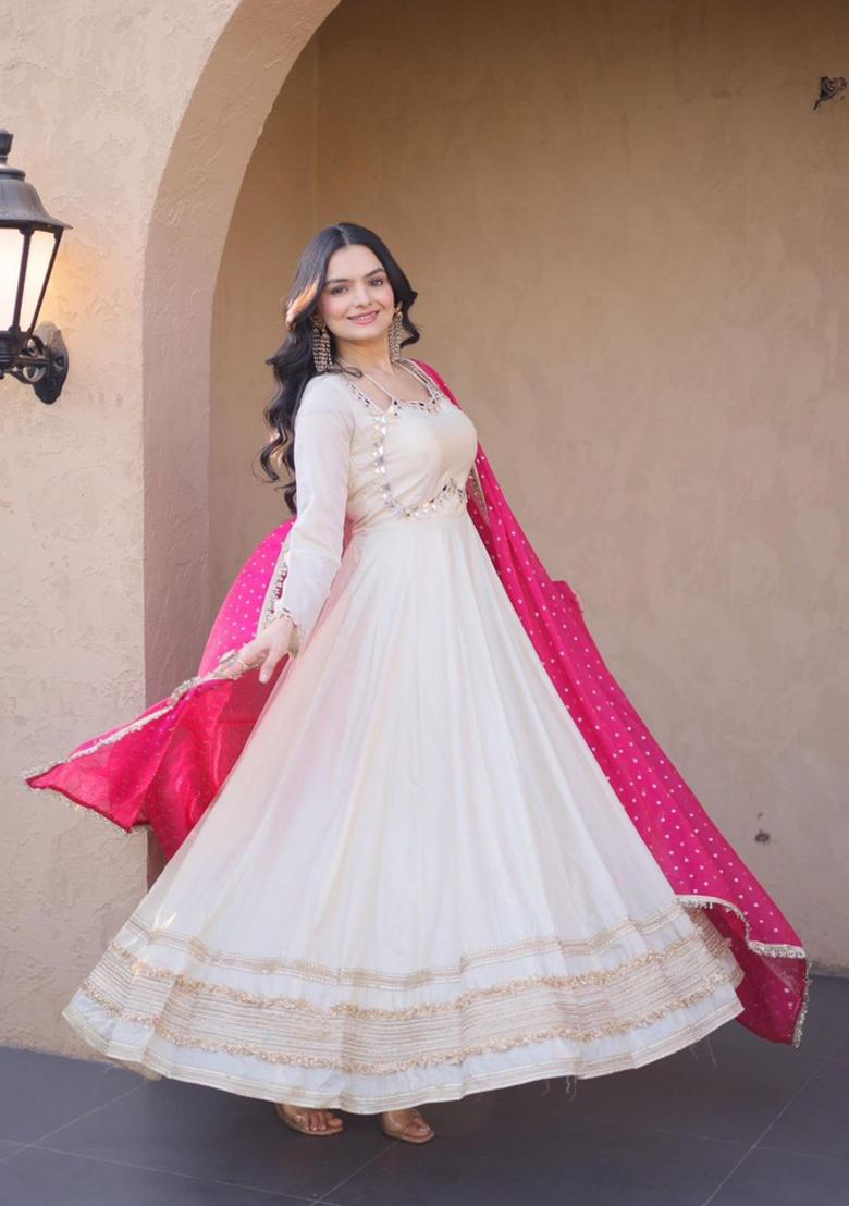 Pink Embroidered Silk Anarkali With Dupatta - Indya