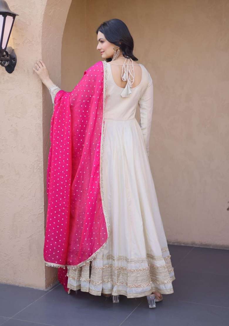 Pink Embroidered Silk Anarkali With Dupatta - Indya