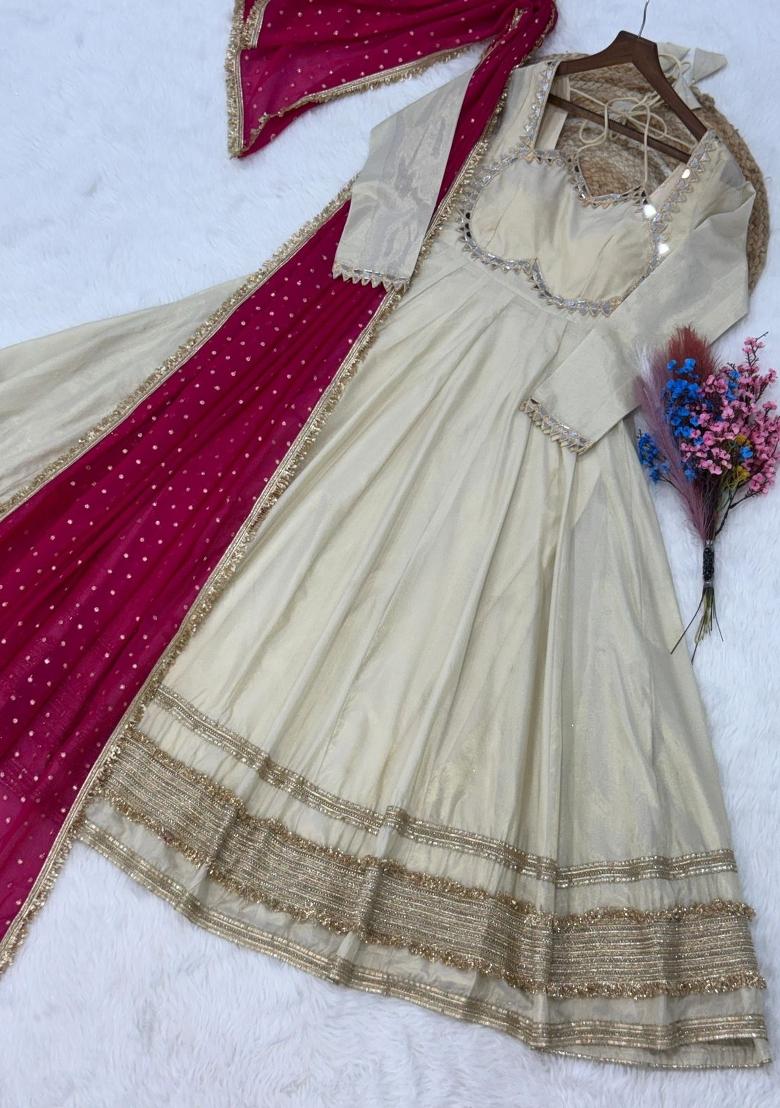 Pink Embroidered Silk Anarkali With Dupatta - Indya