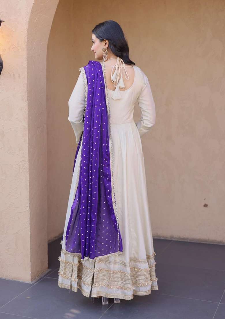Violet Embroidered Silk Anarkali With Dupatta - Indya