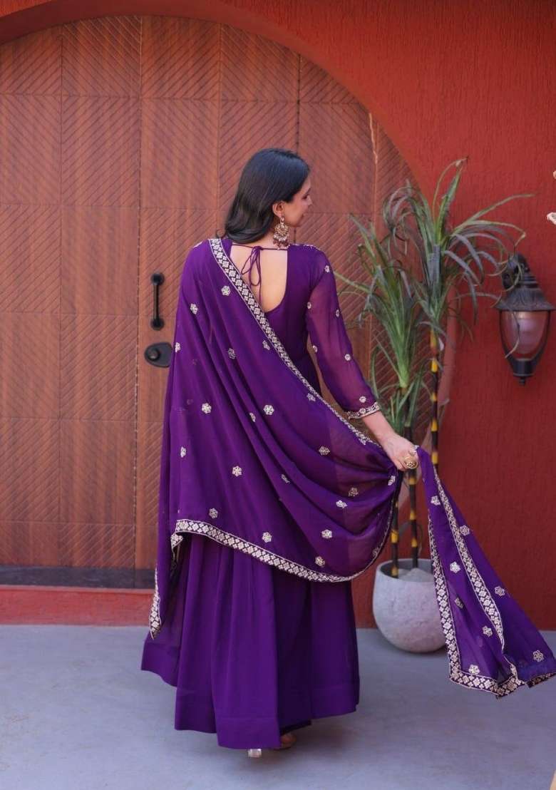 Violet Embroidered Georgette Anarkali With Dupatta - Indya