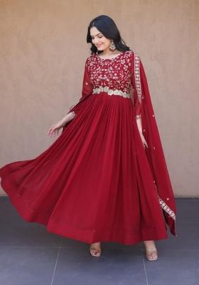 Maroon Embroidered Georgette Anarkali With Dupatta