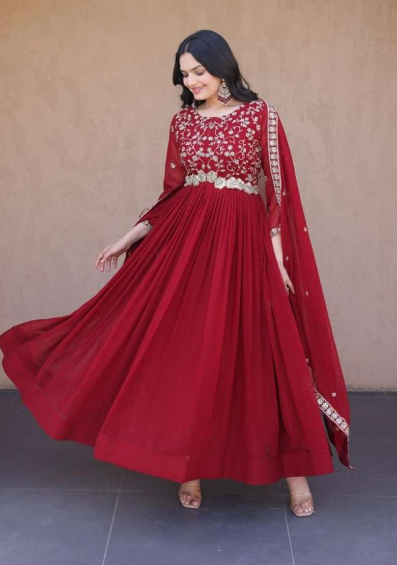 Maroon Embroidered Georgette Anarkali With Dupatta - Indya